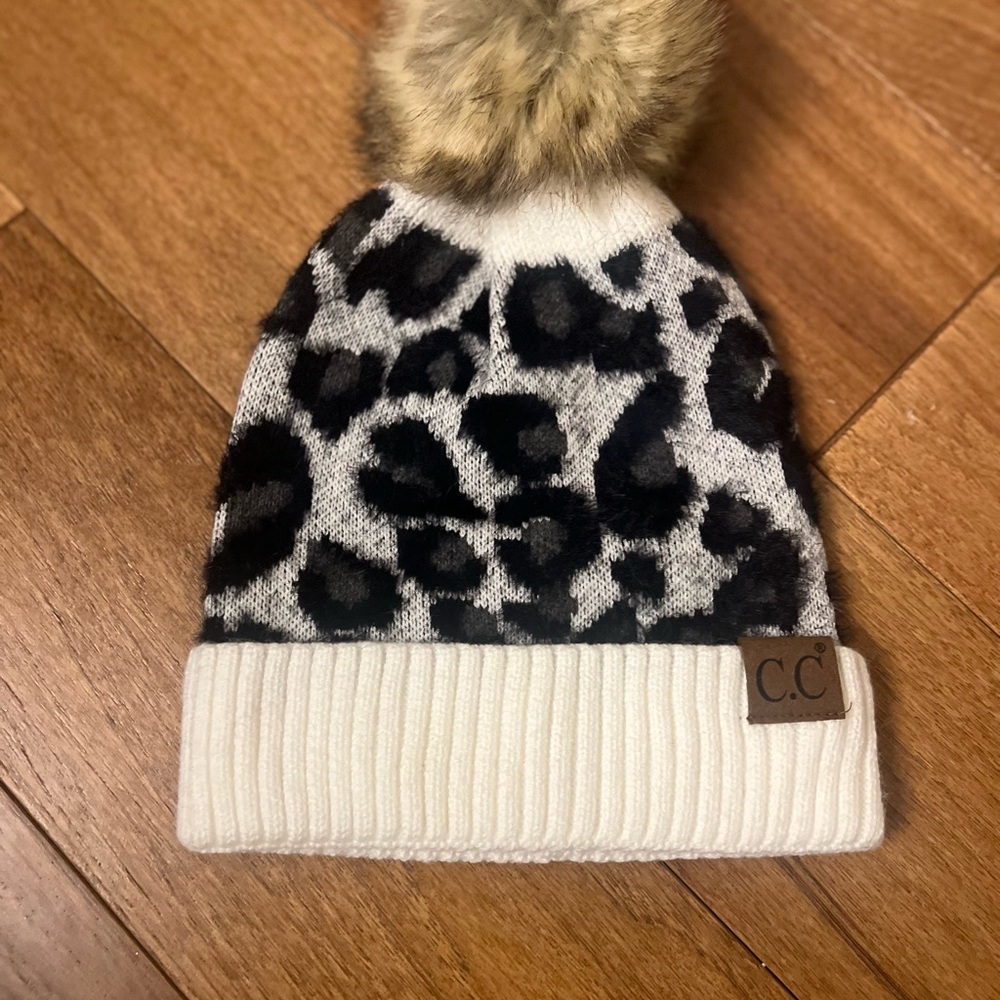 C.C Woman’s Leopard Print Beanie with Pom Pom - Black and White